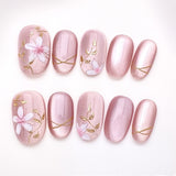 (Handmade) 10pcs/Set Pink Cat's Eye Flower with Gold Trim Short Press-On Nails