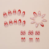 24pcs/Set Red French Bow Stripe Short Almond Press-On Nails