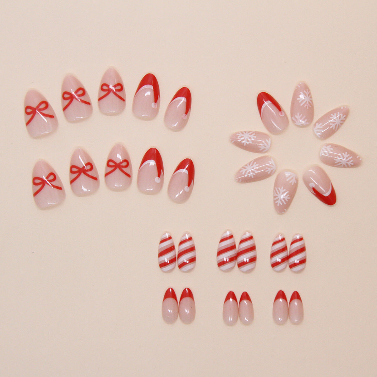24pcs/Set Red French Bow Stripe Short Almond Press-On Nails