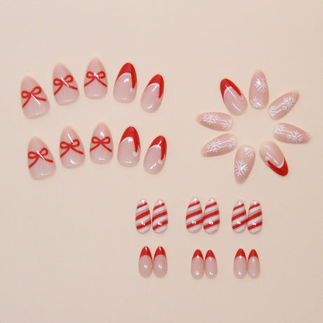24pcs/Set Red French Bow Stripe Short Almond Press-On Nails