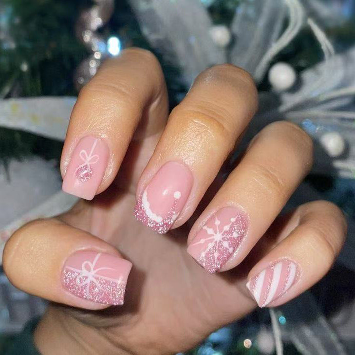 24pcs/Set Christmas Glitter Snowflake Gift Stripe Short Press On Nails