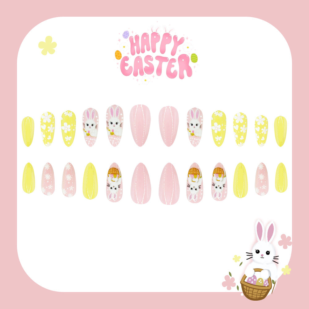 24pcs/Set Pink & Yellow Easter Egg Bunny Press-On Nails