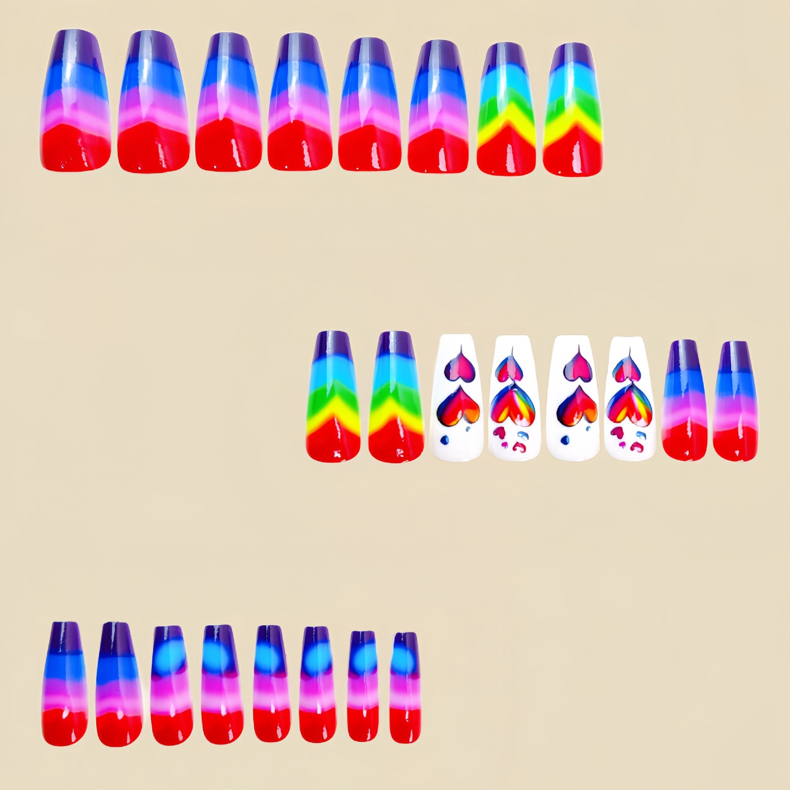 24pcs/Set Multicolor Striped Gradient Heart Press-On Nails