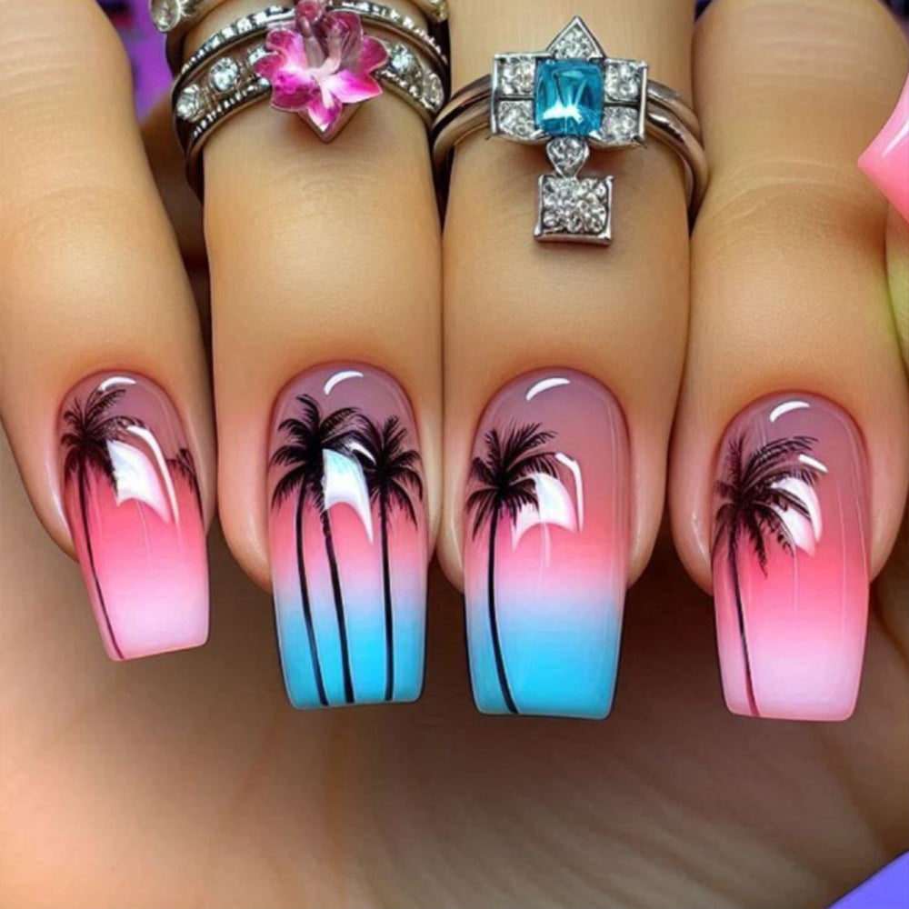 24pcs/Set Fresh Gradient Coconut Tree Press-On Nails