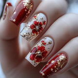 24pcs/Set Red Floral with Gold Foil Press-On Nails