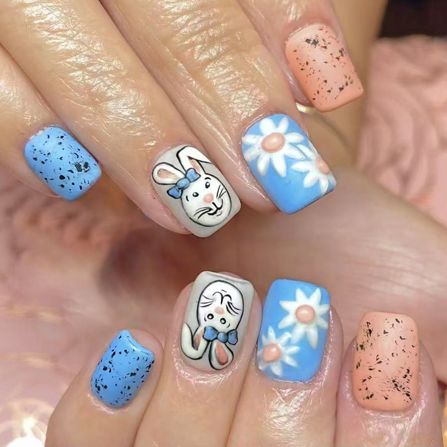 24pcs/Set Blue Cute Bunny & Flowers Press-On Nails