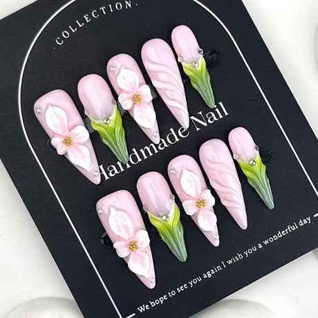 10pcs/Set Pink 3D Art Floral Press-On Nails