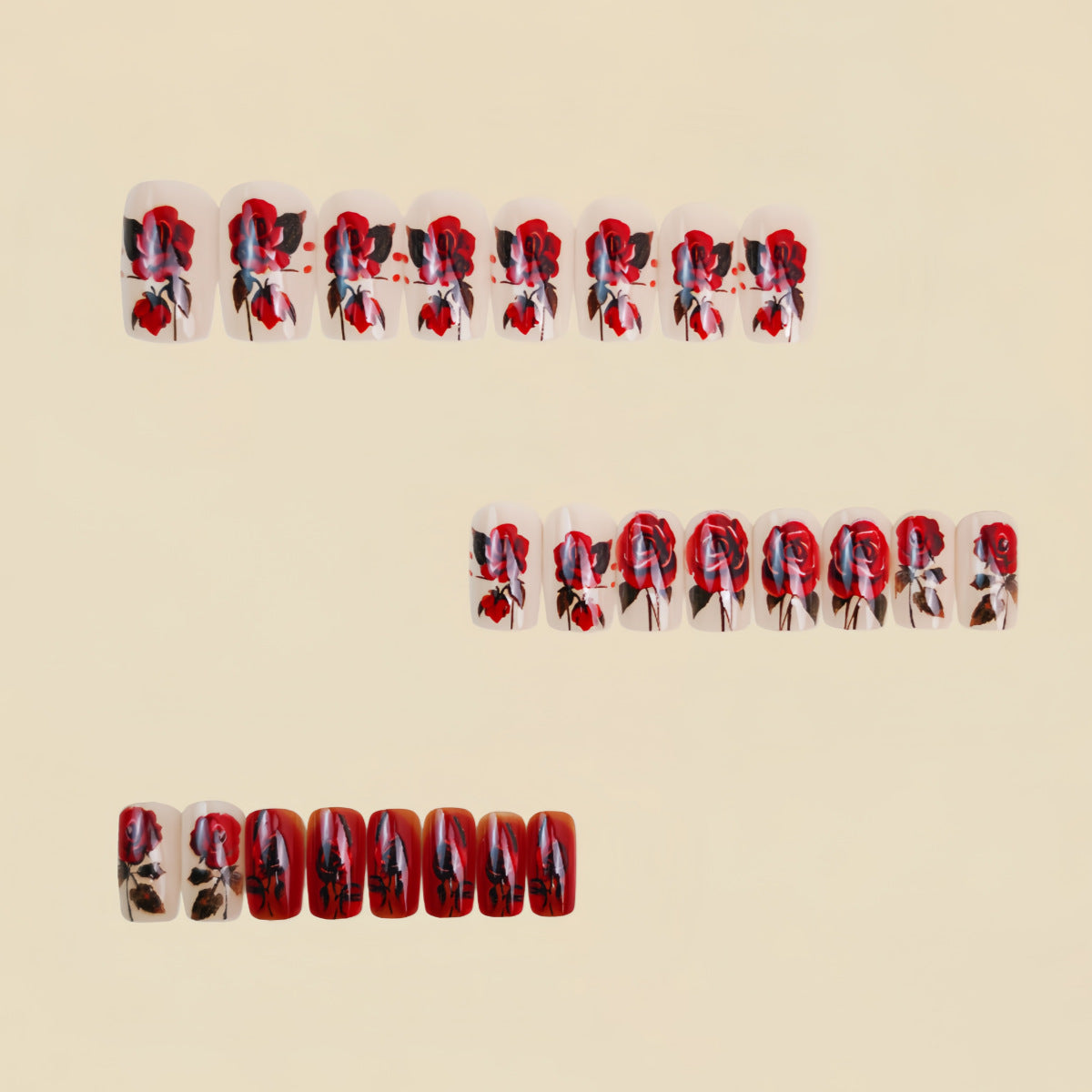 24pcs/Set Valentine’s Red Flowers Press-On Nails