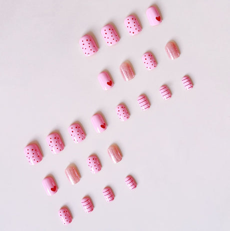 24pcs/Set Polka Dot Heart Line Glitter Short Press On Nails