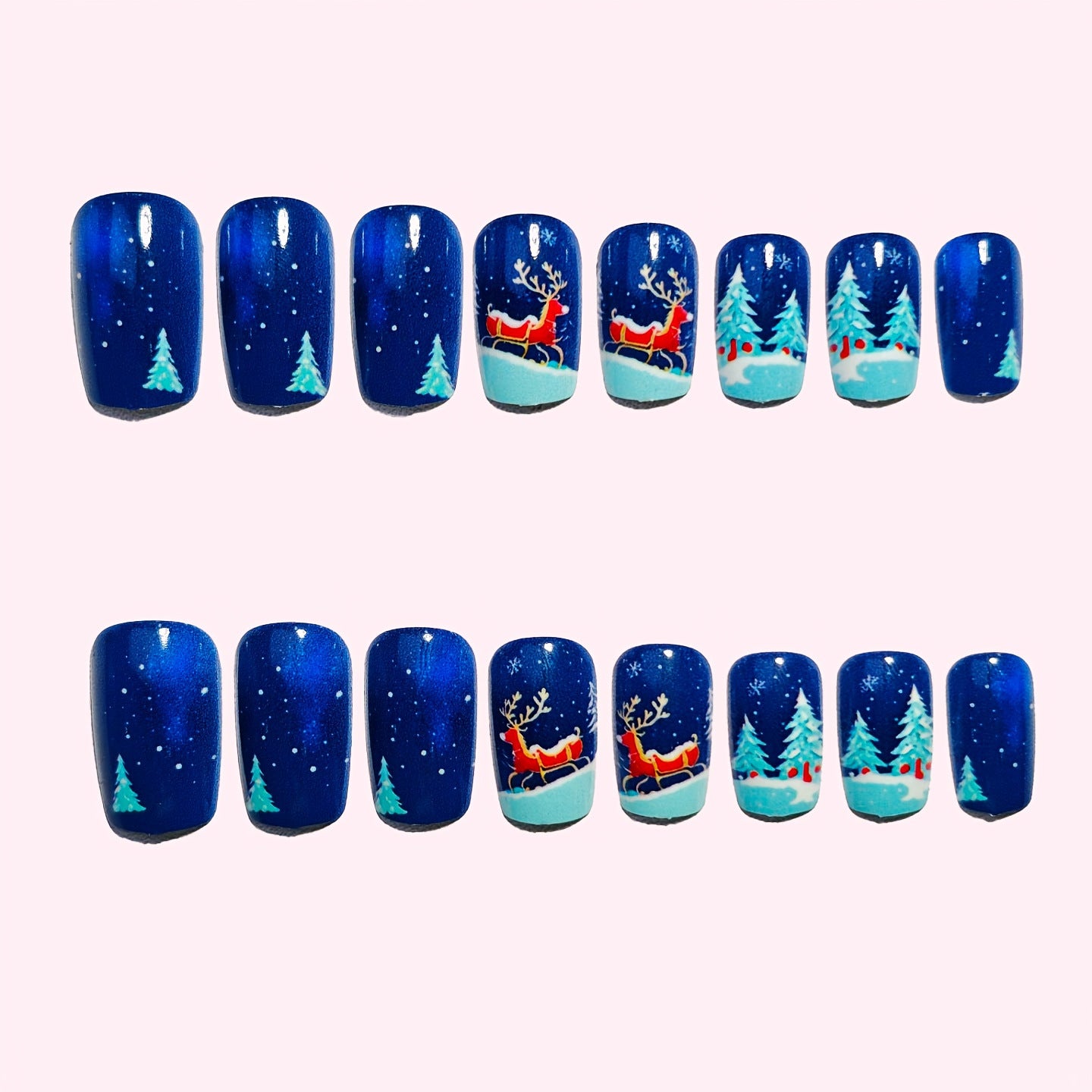 24pcs/Set Blue Christmas Reindeer Press-On Nails