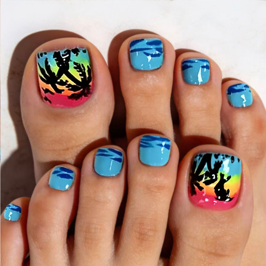 24pcs/Set Blue Ocean Waves & Palm Trees Press On Toe Nails