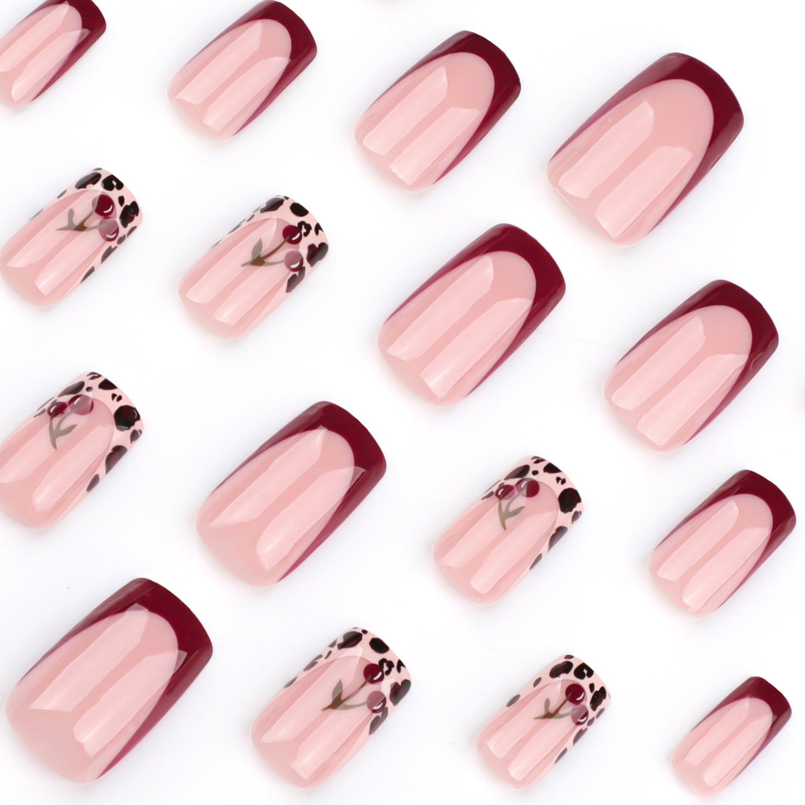 24pcs/Set Leopard Cherry French Press-On Nails