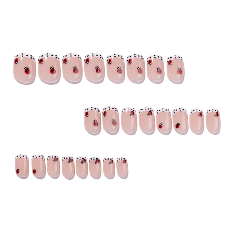 24pcs/Set Polka Dot French Tip with Ladybug Short Press On Nails