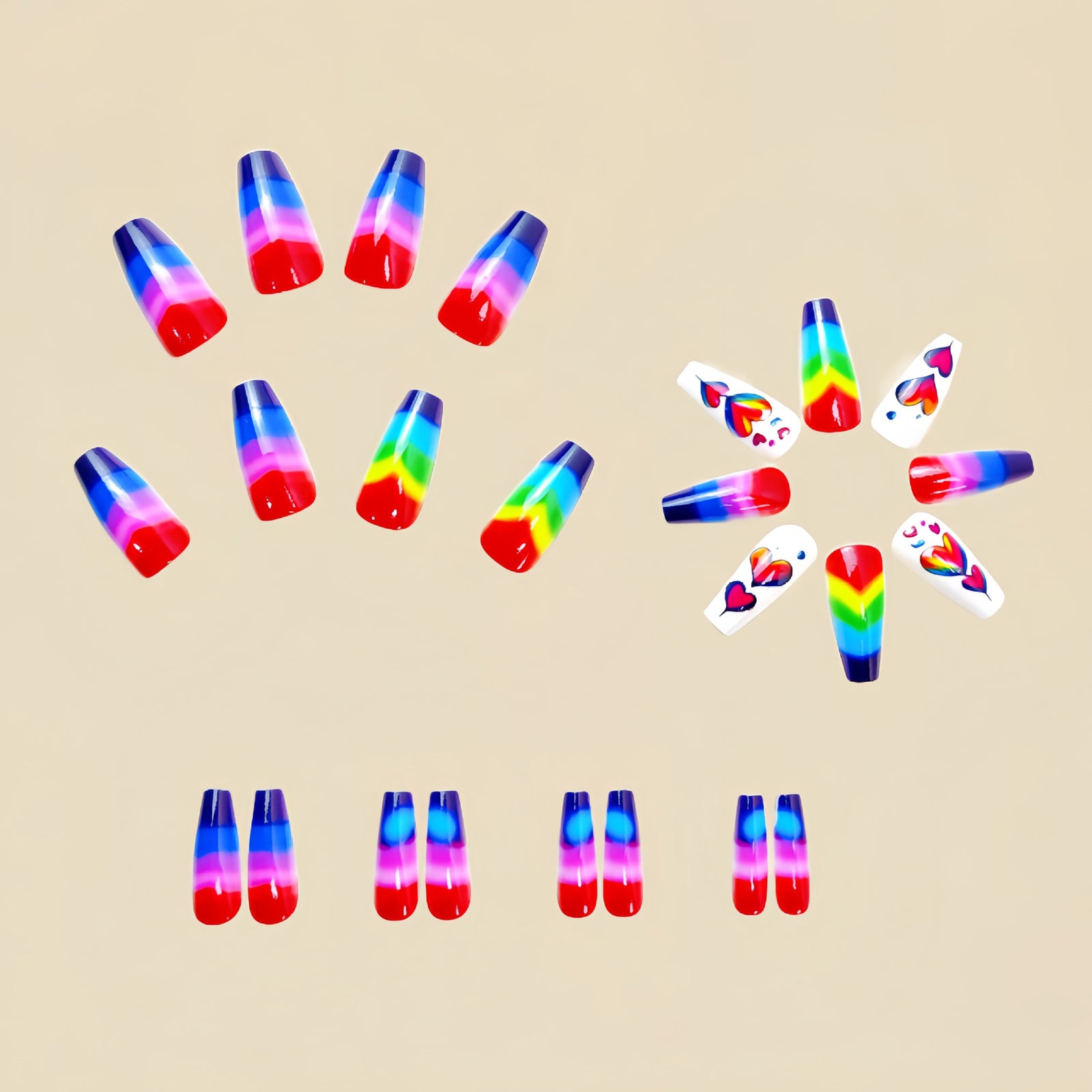 24pcs/Set Multicolor Striped Gradient Heart Press-On Nails