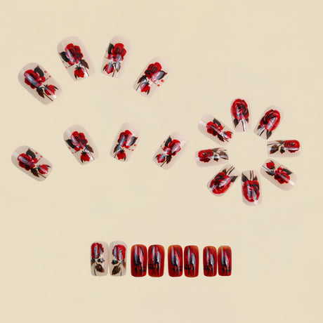 24pcs/Set Valentine’s Red Flowers Press-On Nails