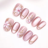 (Handmade) 10pcs/Set Pink Cat's Eye Flower with Gold Trim Short Press-On Nails