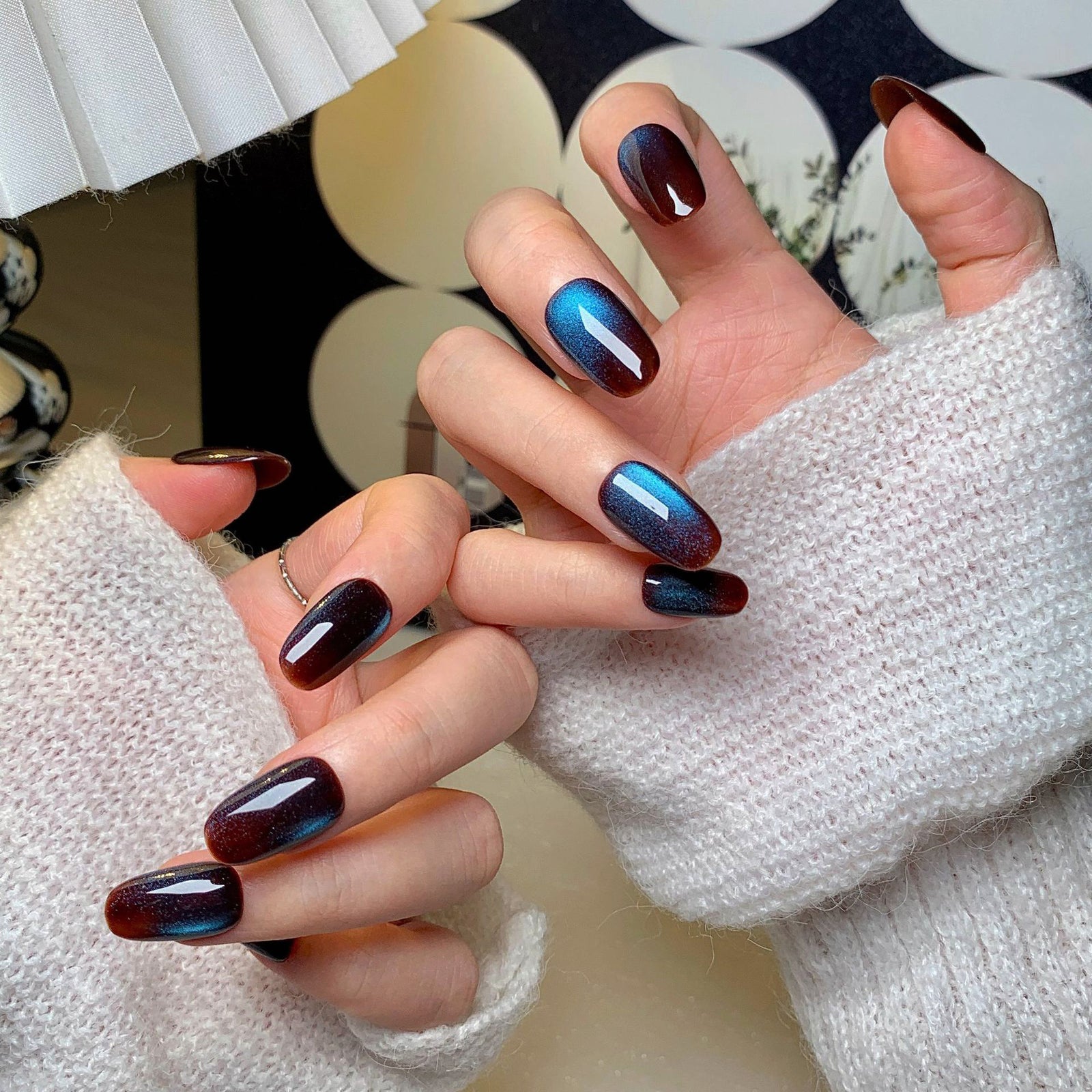 (Handmade) 10pcs/Set Black-Blue Solid Cat Eye Press-On Nails