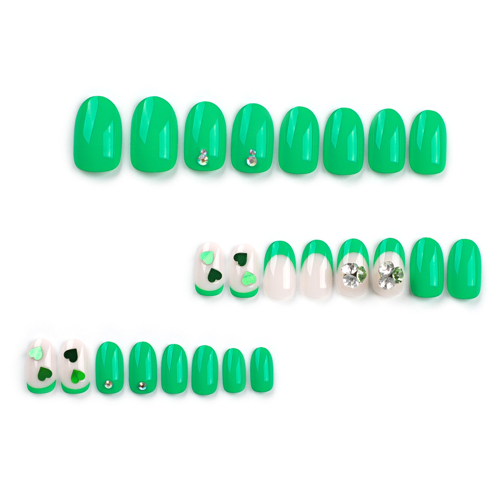 24pcs/Set  Green Glitter Heart Short Press-On Nails