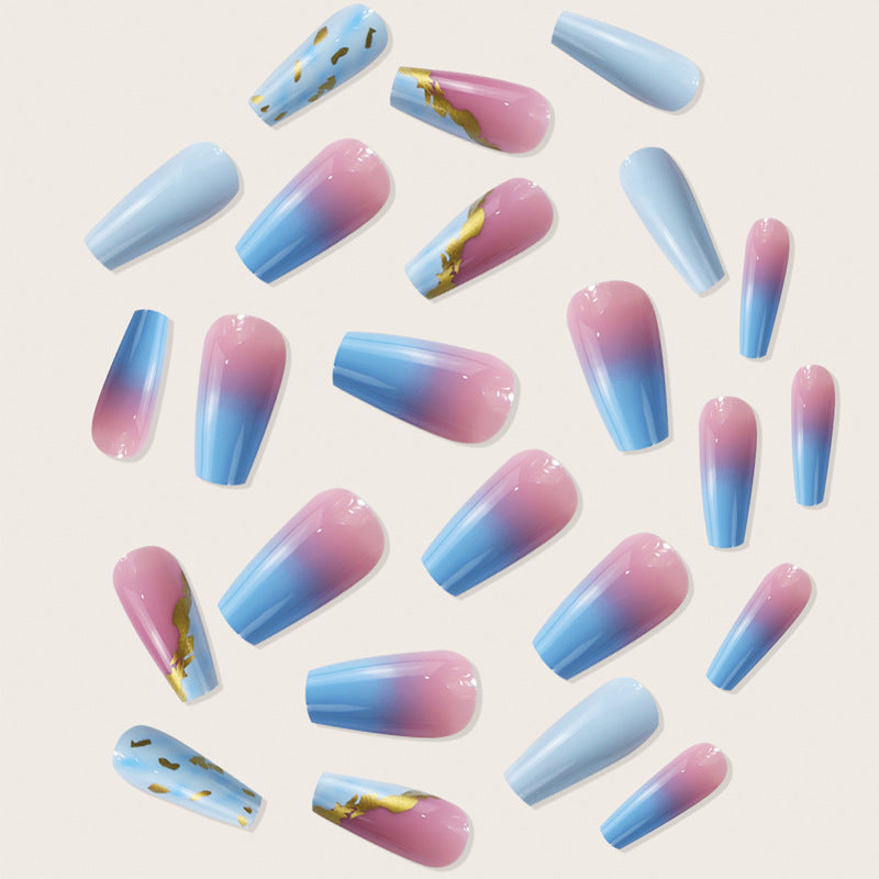 24pcs/Set Blue Gold Foil Flakes Gradient Press-On Nails