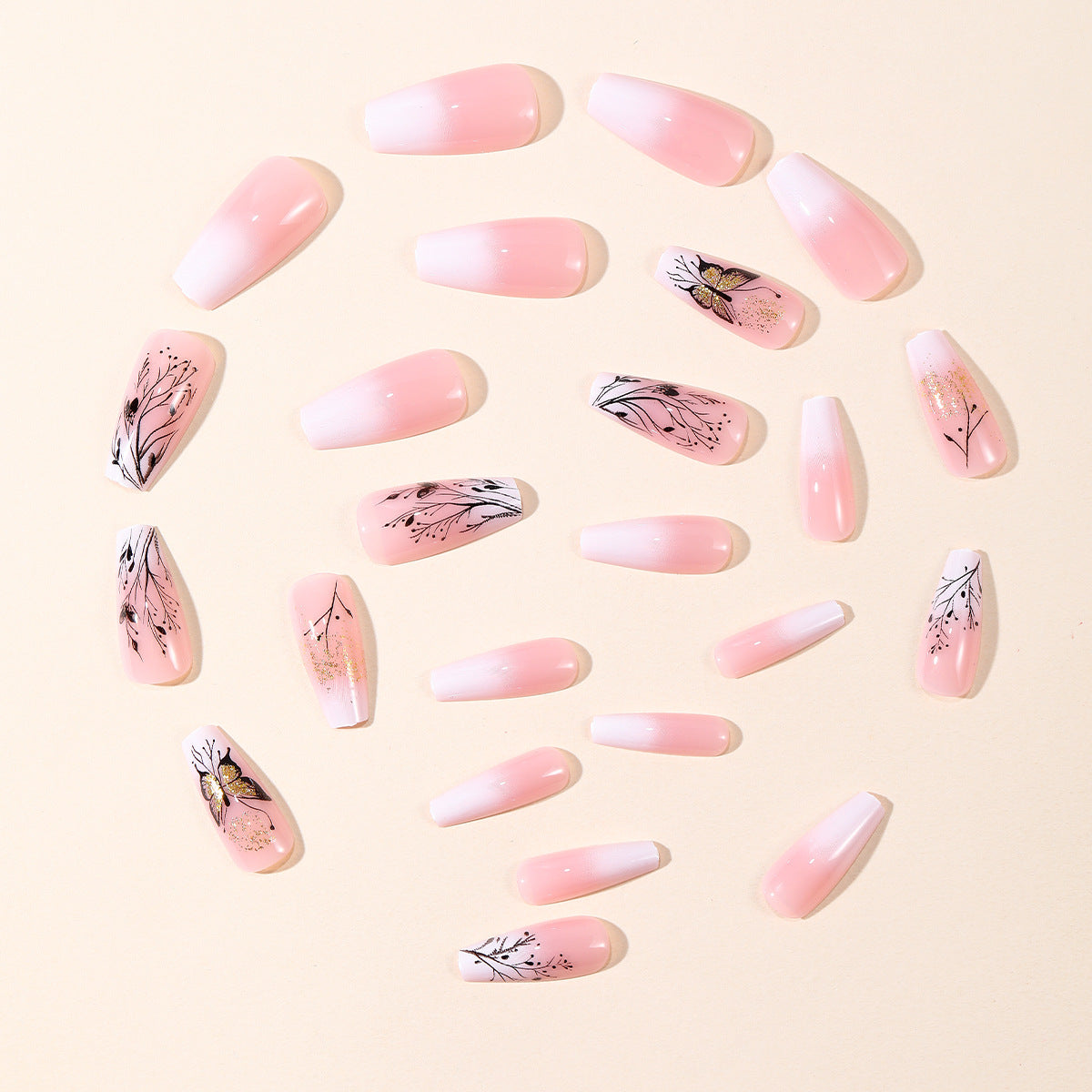 24pcs/Set White Gradient Botanical Line Butterfly Press-On Nails