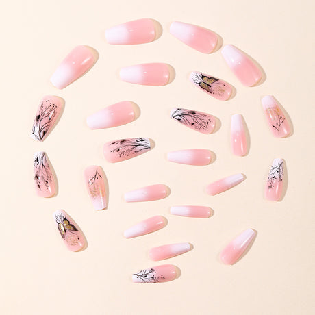 24pcs/Set White Gradient Botanical Line Butterfly Press-On Nails