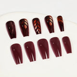 24pcs/Set Deep Burgundy Leaves Press-On Nails