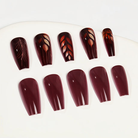 24pcs/Set Deep Burgundy Leaves Press-On Nails