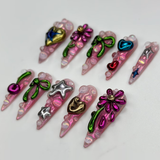 (Handmade) 10pcs/Set Y2K 3D Floral Heart Star Press On Nails