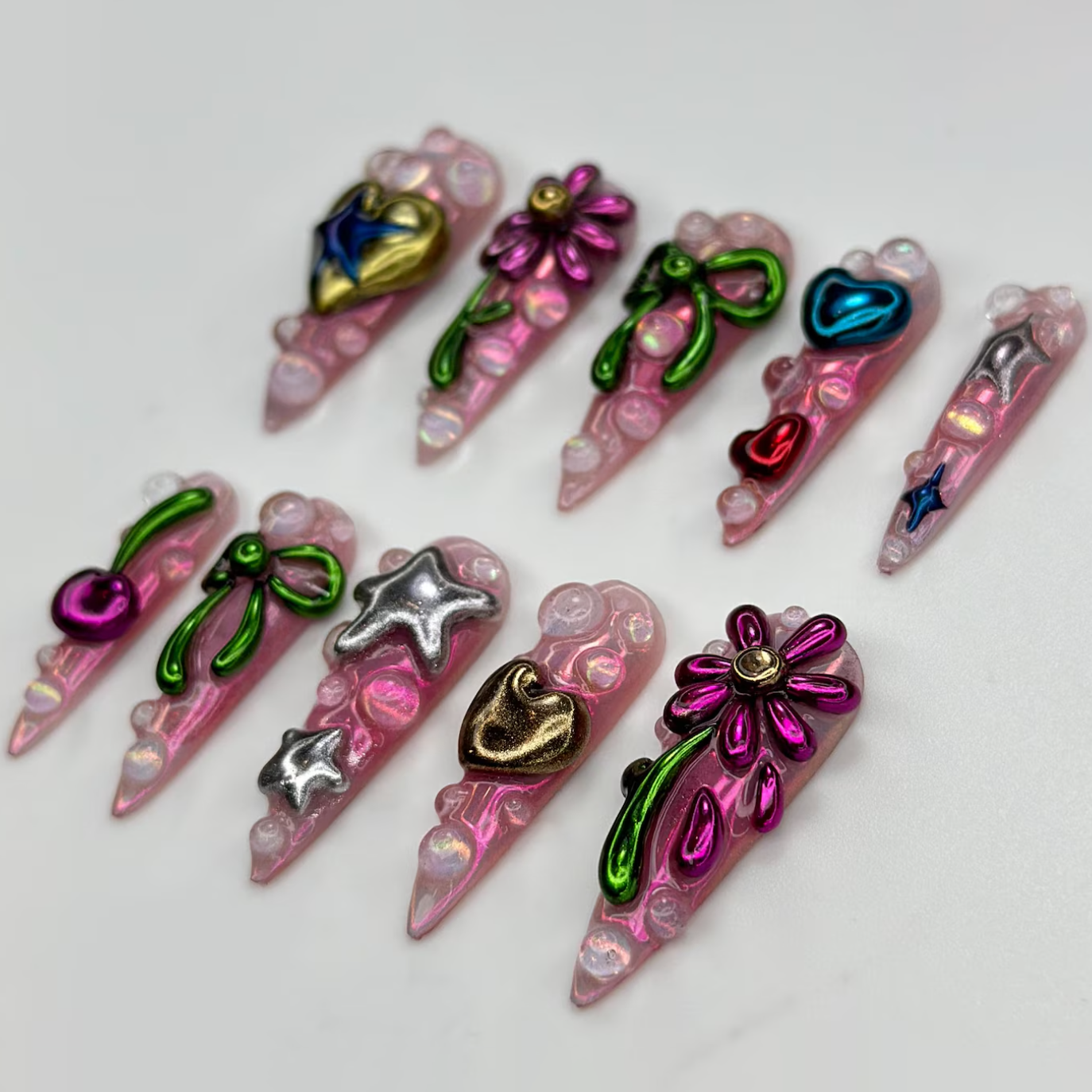 (Handmade) 10pcs/Set Y2K 3D Floral Heart Star Press On Nails