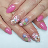 24pcs/Set Easter Pink Bunny with Color-Block Flowers Press-On Nails