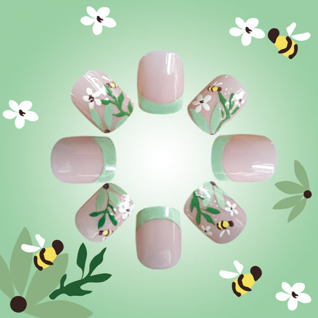 24pcs/Set French Green-Tone Little Bee Short Press-On Nails