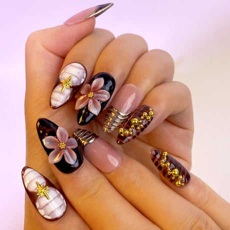 (Handmade) 10pcs/Set Autumn Winter Brown 3D Flower Press-On Nails