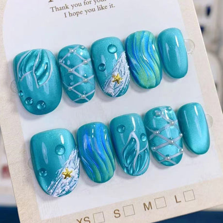 (Handmade) 10pcs/Set Ocean Blue Cat Eye Mermaid Press-On Nails