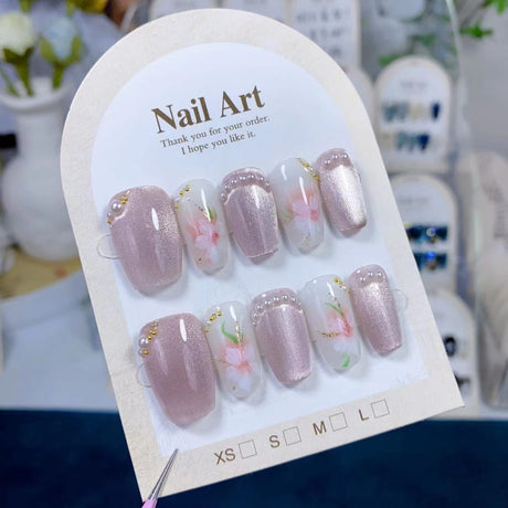 (Handmade) 10pcs/Set Cat Eye Nails with Hand-Painted Flowers Press-On Nails