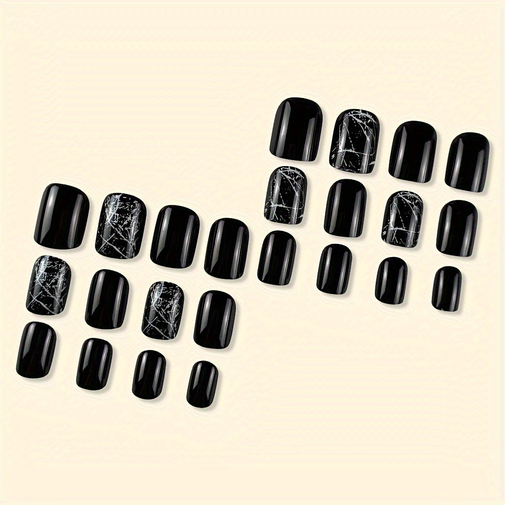 24pcs/Set Black and White Cracks Short Press-On Nails