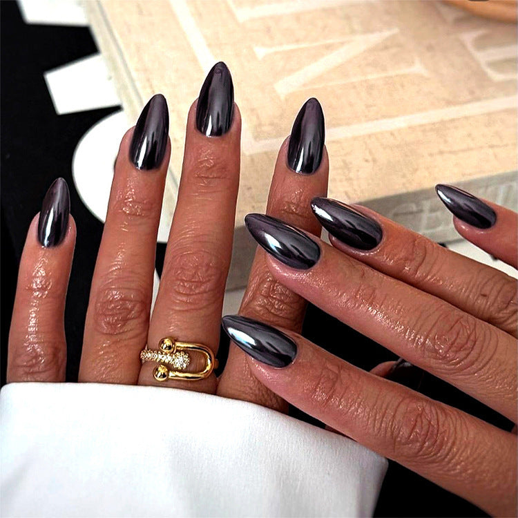 24pcs/Set Solid Black Chrome Press-On Nails