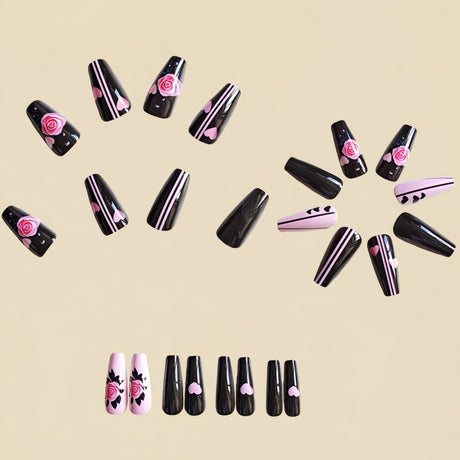 24pcs/Set Pink & Black Striped Flowers Press-On Nails