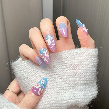 (Handmade) 10pcs/Set Hand-painted Ombre Flowers Press-On Nails