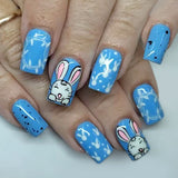 24pcs/Set Blue-Tone Cute Bunny with Black Dots Press-On Nails