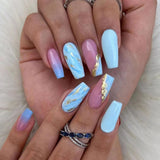 24pcs/Set Blue Gold Foil Flakes Gradient Press-On Nails