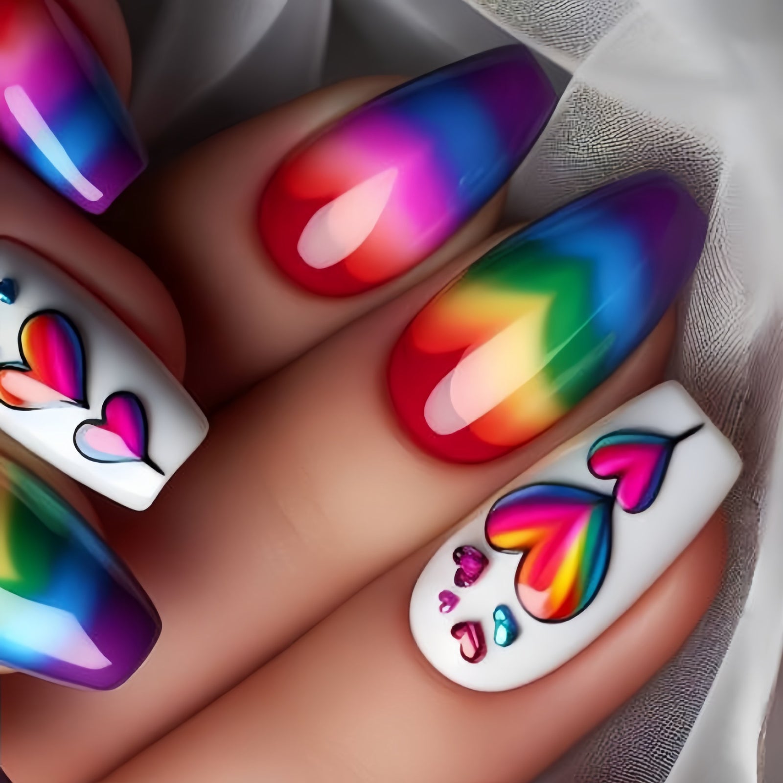 24pcs/Set Multicolor Striped Gradient Heart Press-On Nails