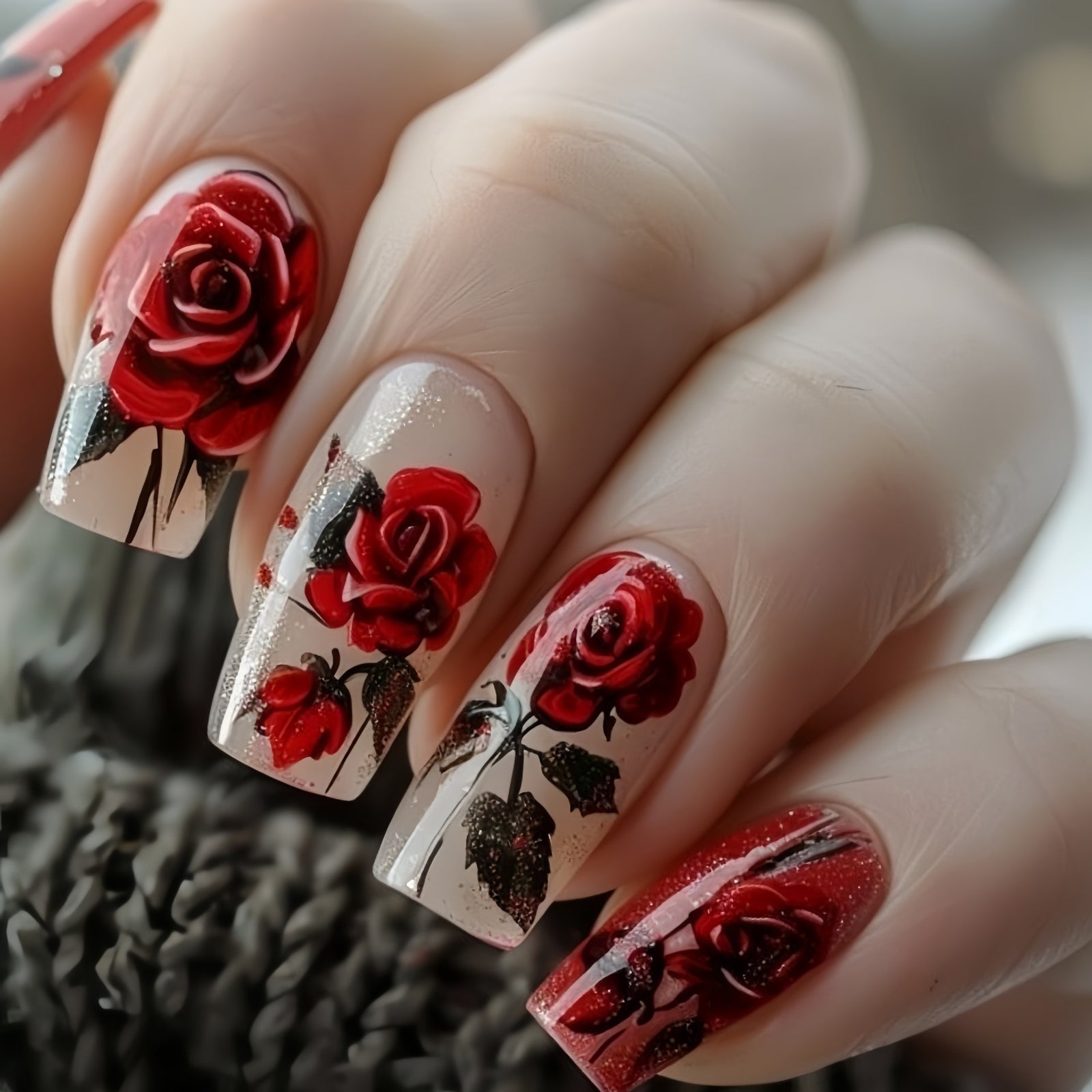 24pcs/Set Valentine’s Red Flowers Press-On Nails