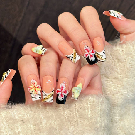 (Handmade) 10pcs/Set Floral Gold Chain Color-Block French Press-On Nails