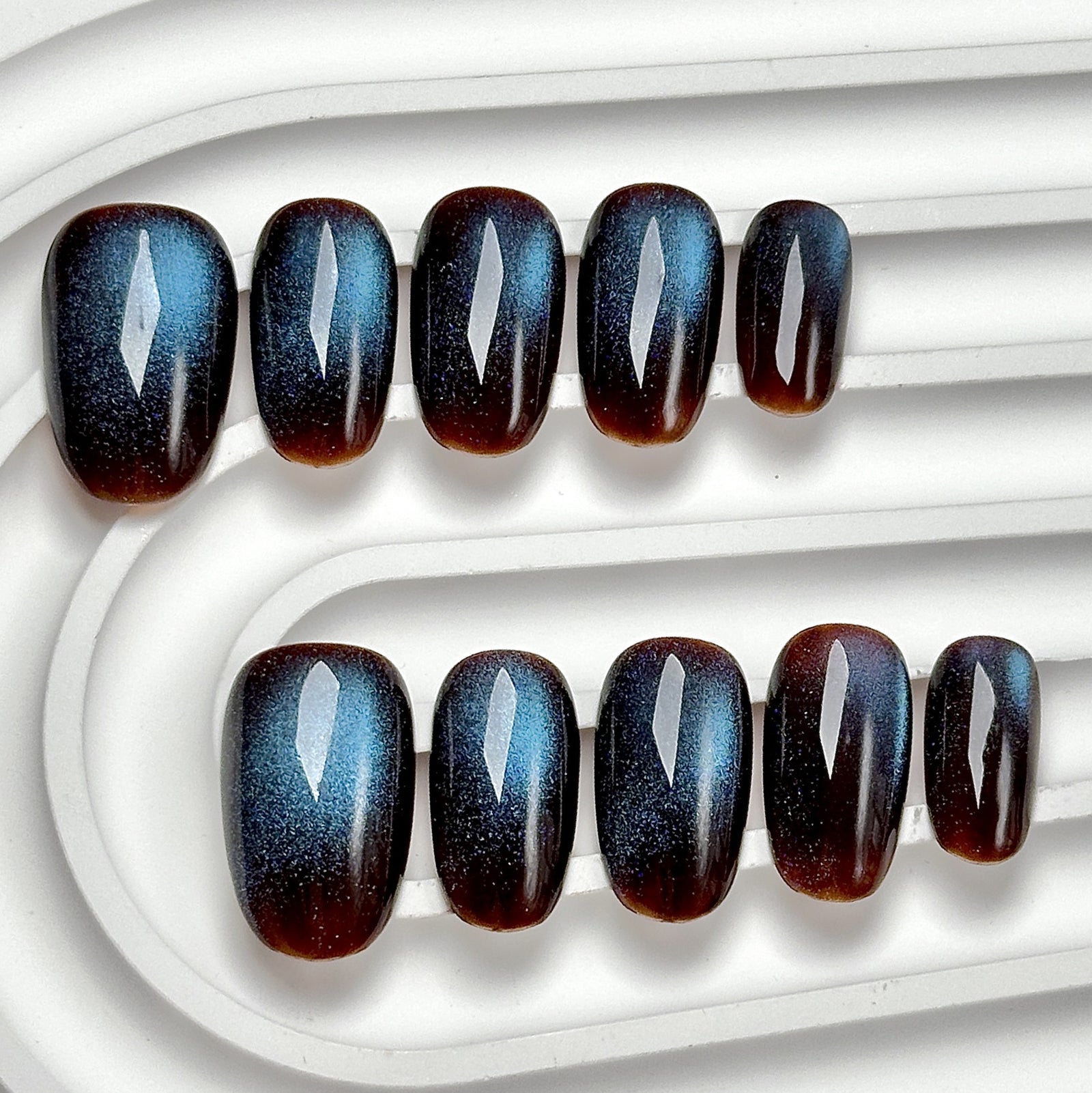 (Handmade) 10pcs/Set Black-Blue Solid Cat Eye Press-On Nails