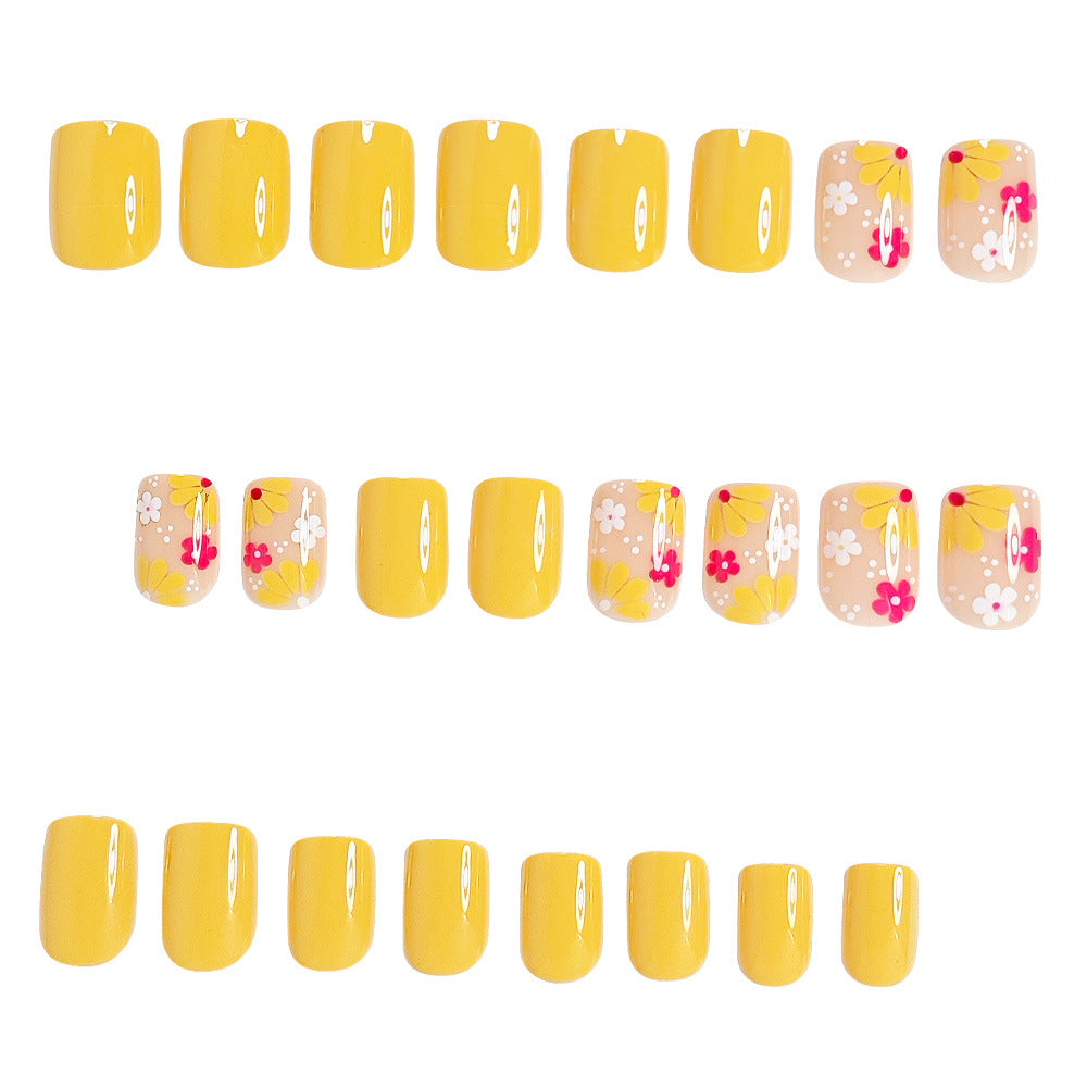 24pcs/Set Short Yellow Floral Press-On Nails
