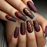24pcs/Set Deep Burgundy Leaves Press-On Nails