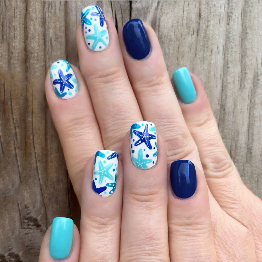 24pcs/Set Blue Starfish Press-On Nails