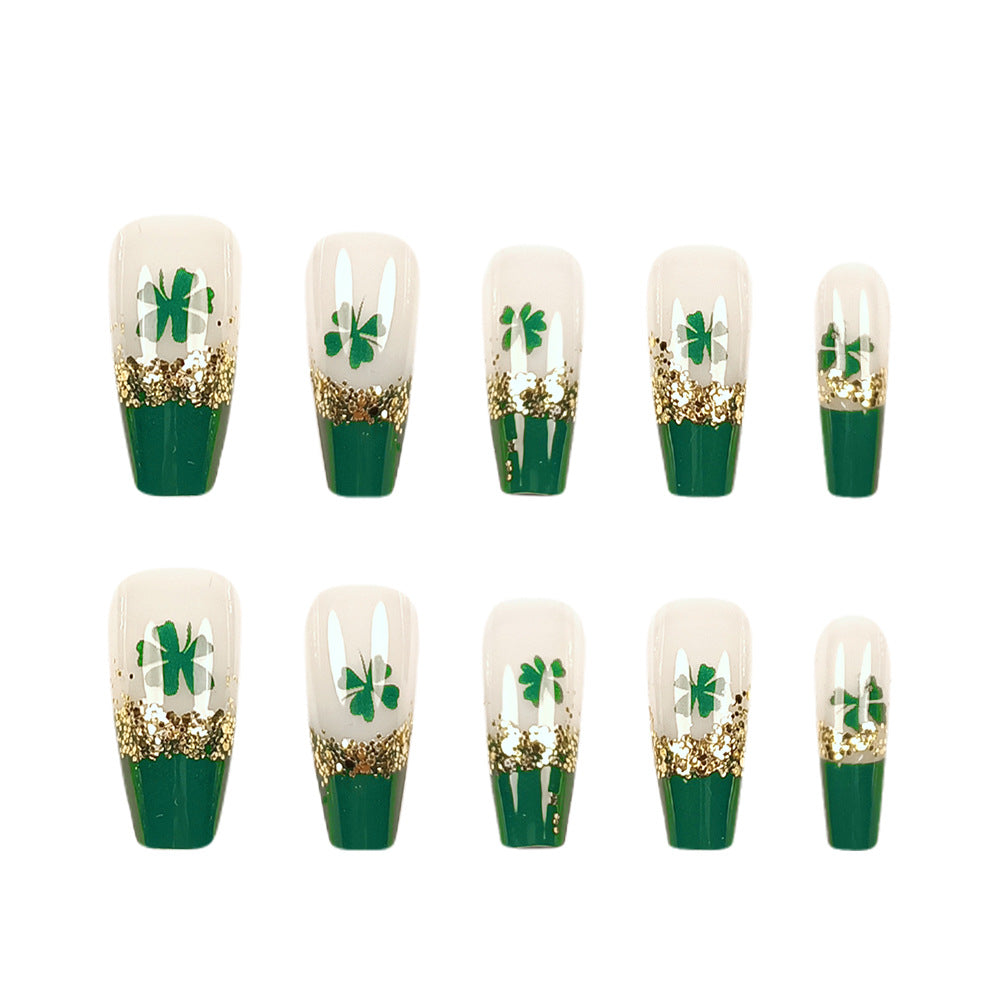 24pcs/Set Gold Glitter Lucky Four-Leaf Clover Press-On Nails