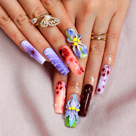 (Handmade) 10pcs/Set 3D Flowers in Dopamine-Inspired Colors Press-On Nails