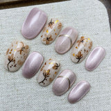 (Handmade) 10pcs/Set Light Purple Cat's Eye with Hand-Painted Flowers Short Press-On Nails